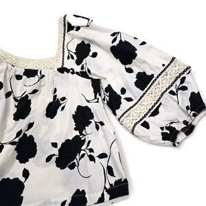 Puff Sleeve Blouse Sz L‎ White Black Lace Trim Square Neck Cottagecore Peasant